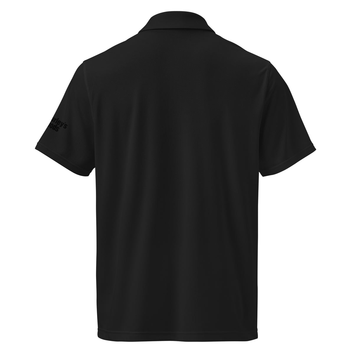 Black Under Armour men's polo with Gurley's Foods logo on the sleeve, back view