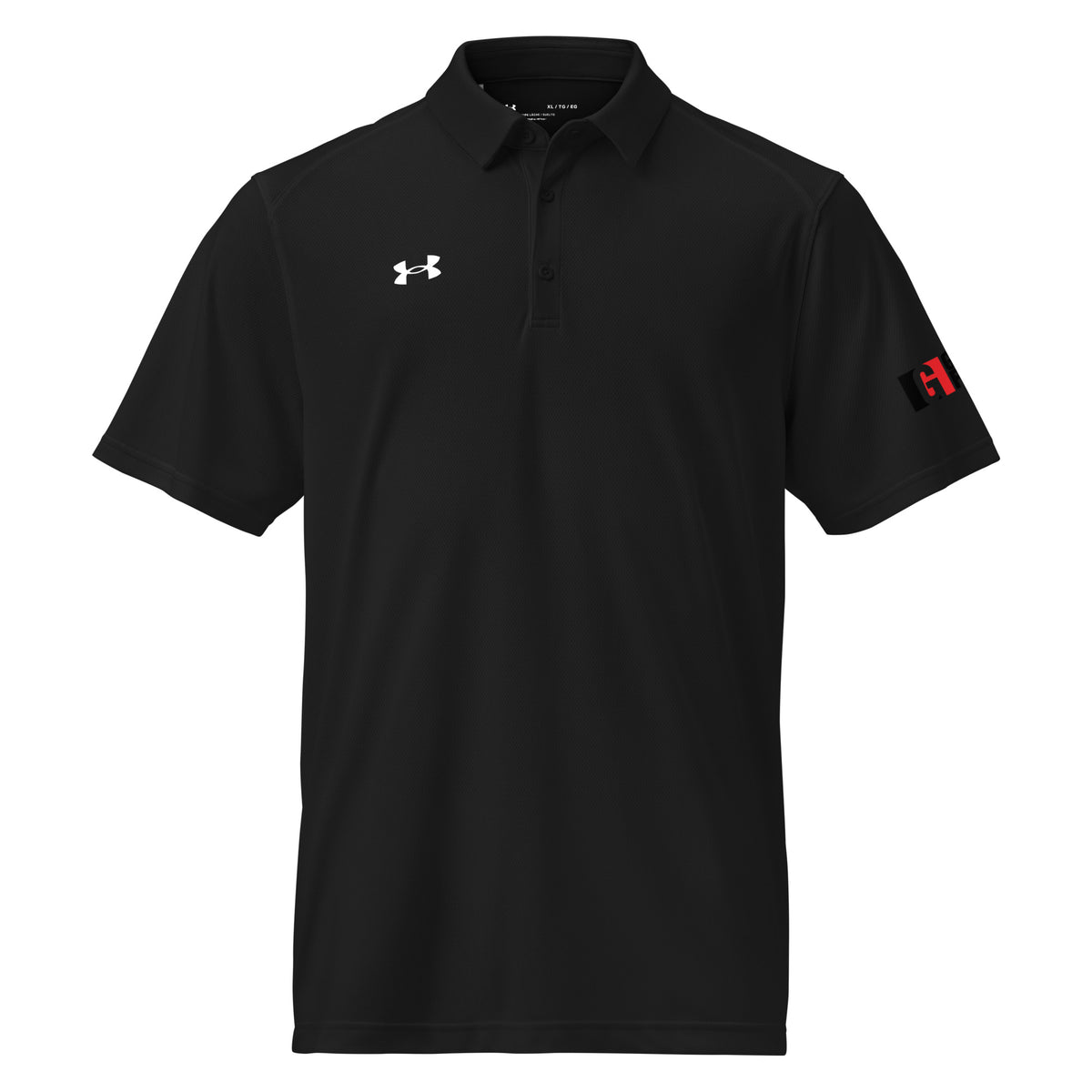 Black Under Armour men's polo with Gurley's Foods logo on the sleeve, front view