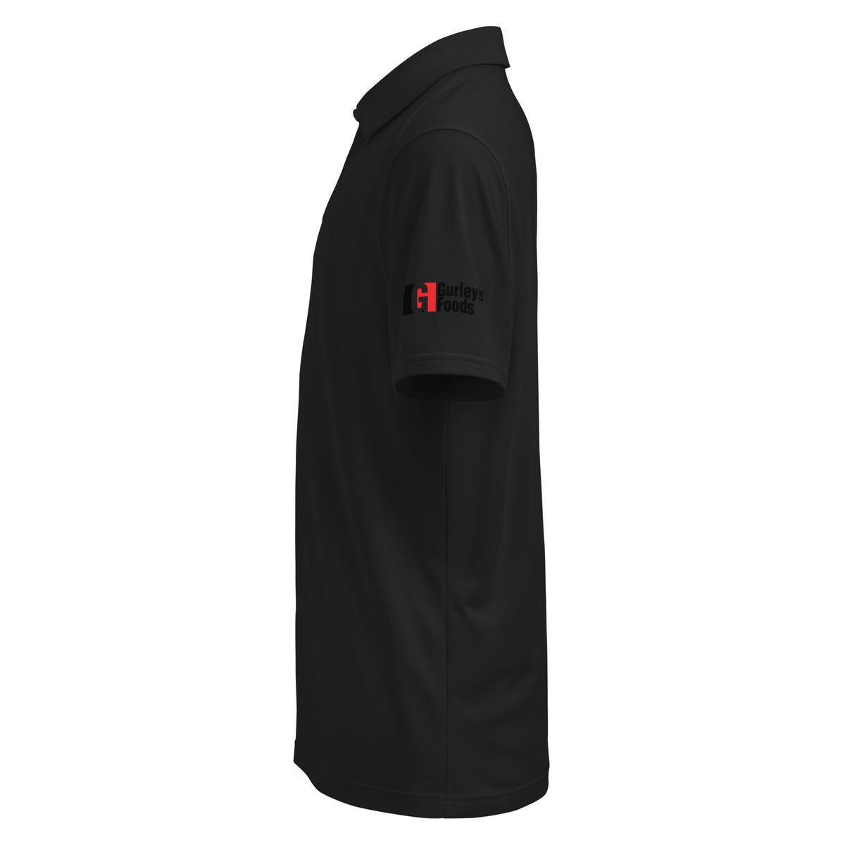 Black Under Armour men's polo with Gurley's Foods logo on the sleeve, left side view