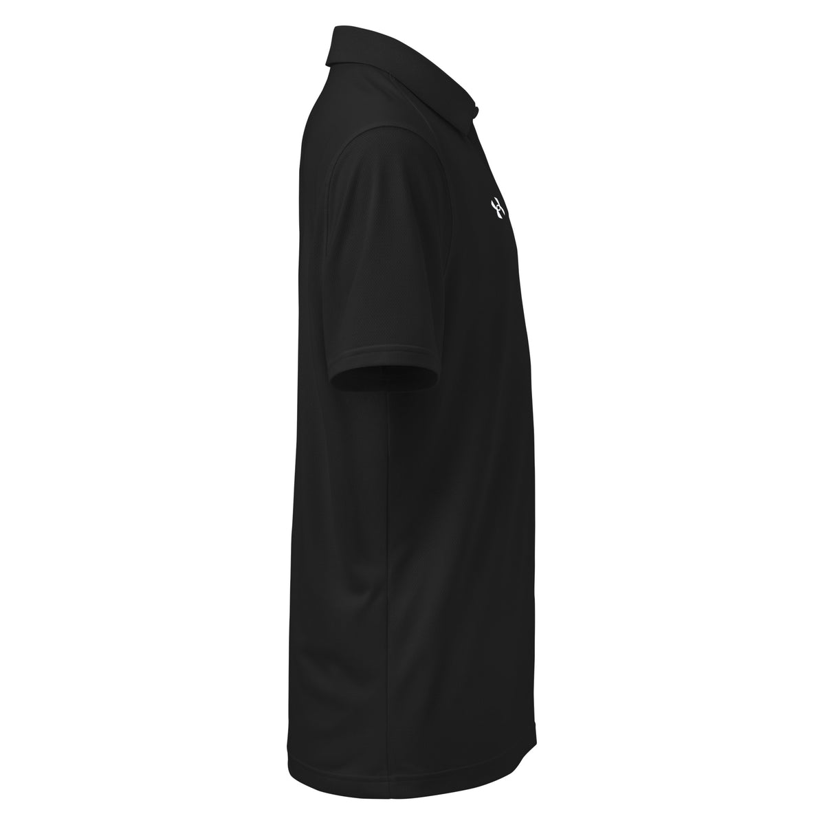 Black Under Armour men's polo with Gurley's Foods logo on the sleeve, right side view