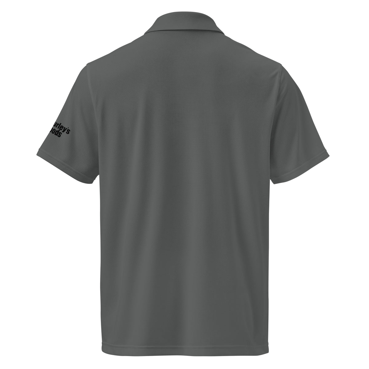 Grey Under Armour men's polo with Gurley's Foods logo on the sleeve, back view