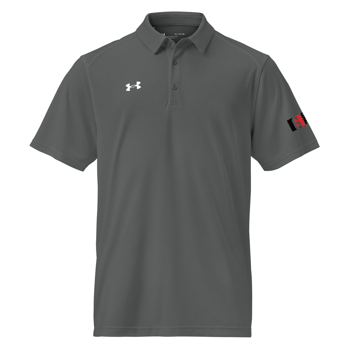Grey Under Armour men's polo with Gurley's Foods logo on the sleeve, front view