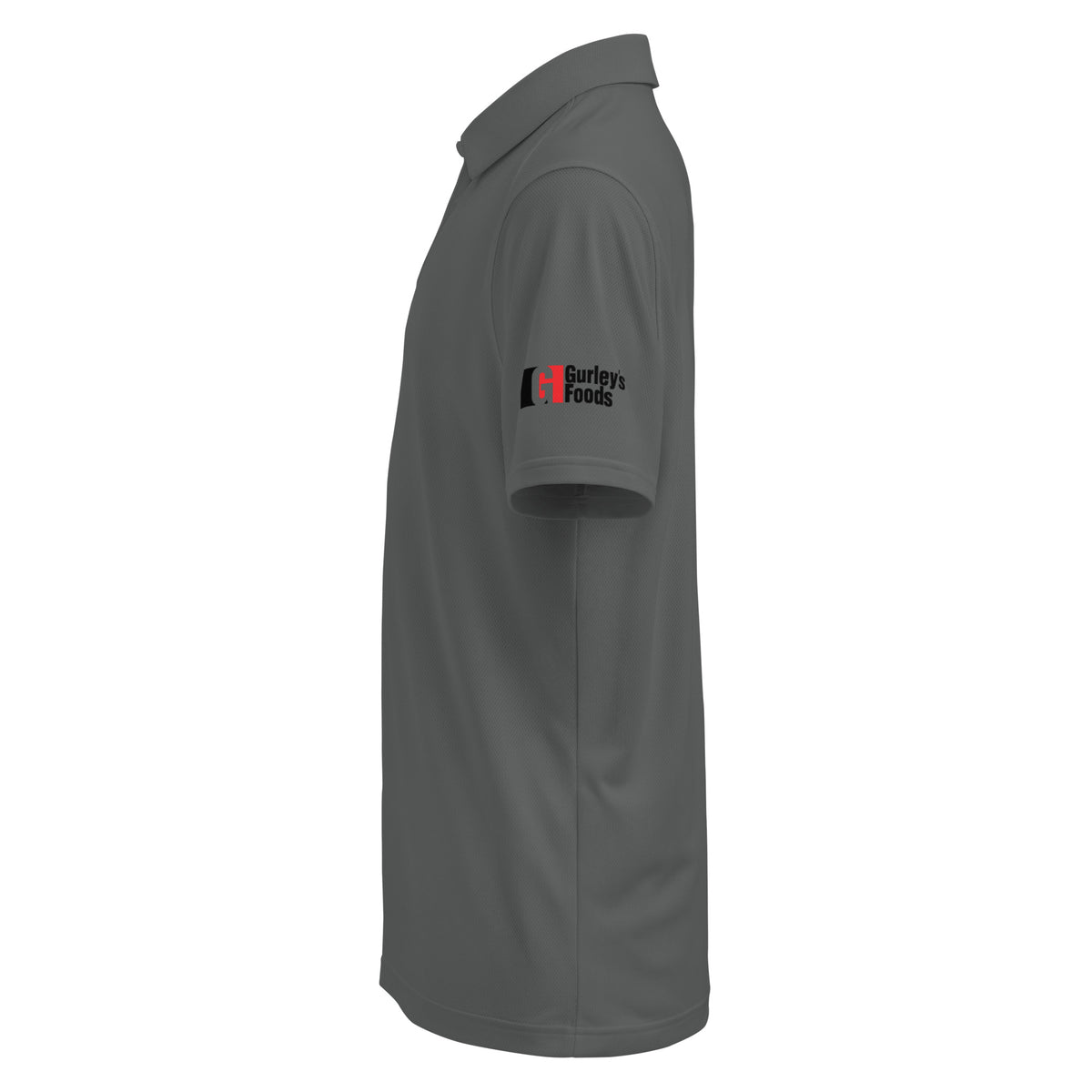 Grey Under Armour men's polo with Gurley's Foods logo on the sleeve, left side view