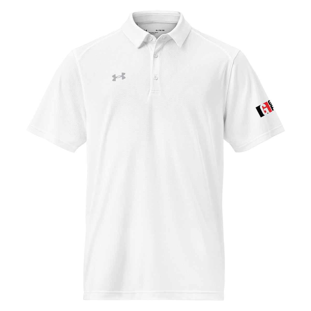 White Under Armour men's polo with Gurley's Foods logo on the sleeve, front view