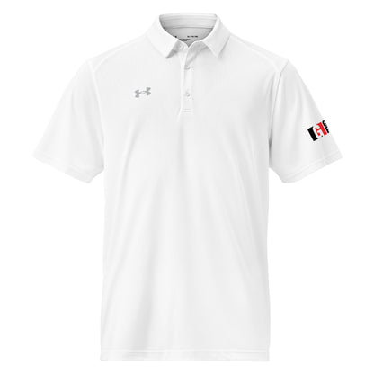 White Under Armour men's polo with Gurley's Foods logo on the sleeve, front view