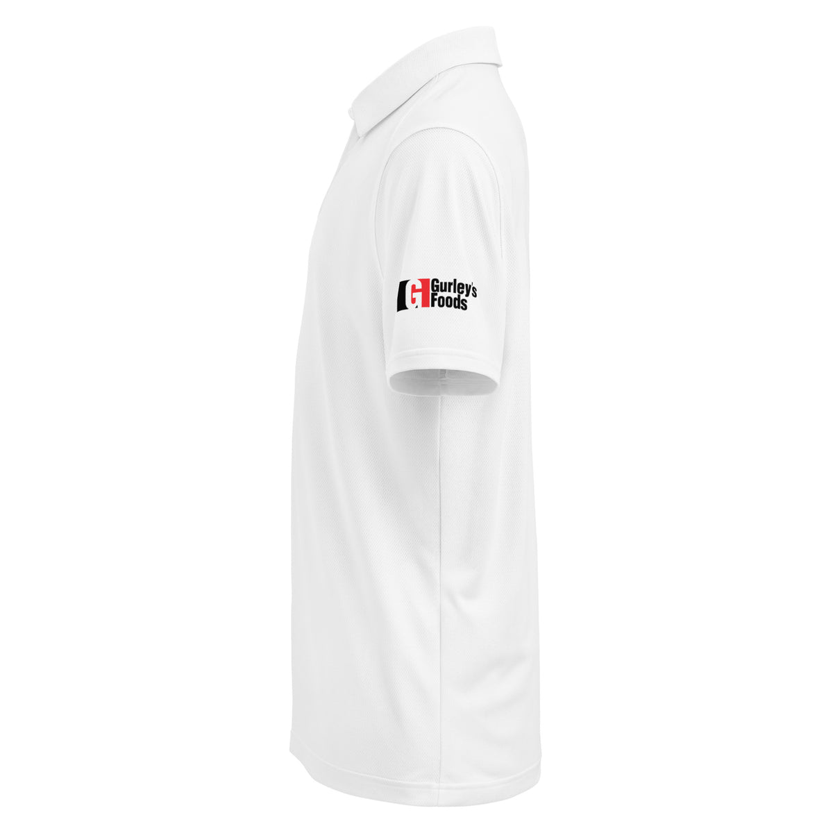 White Under Armour men's polo with Gurley's Foods logo on the sleeve, left side view