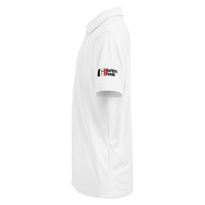 White Under Armour men's polo with Gurley's Foods logo on the sleeve, left side view