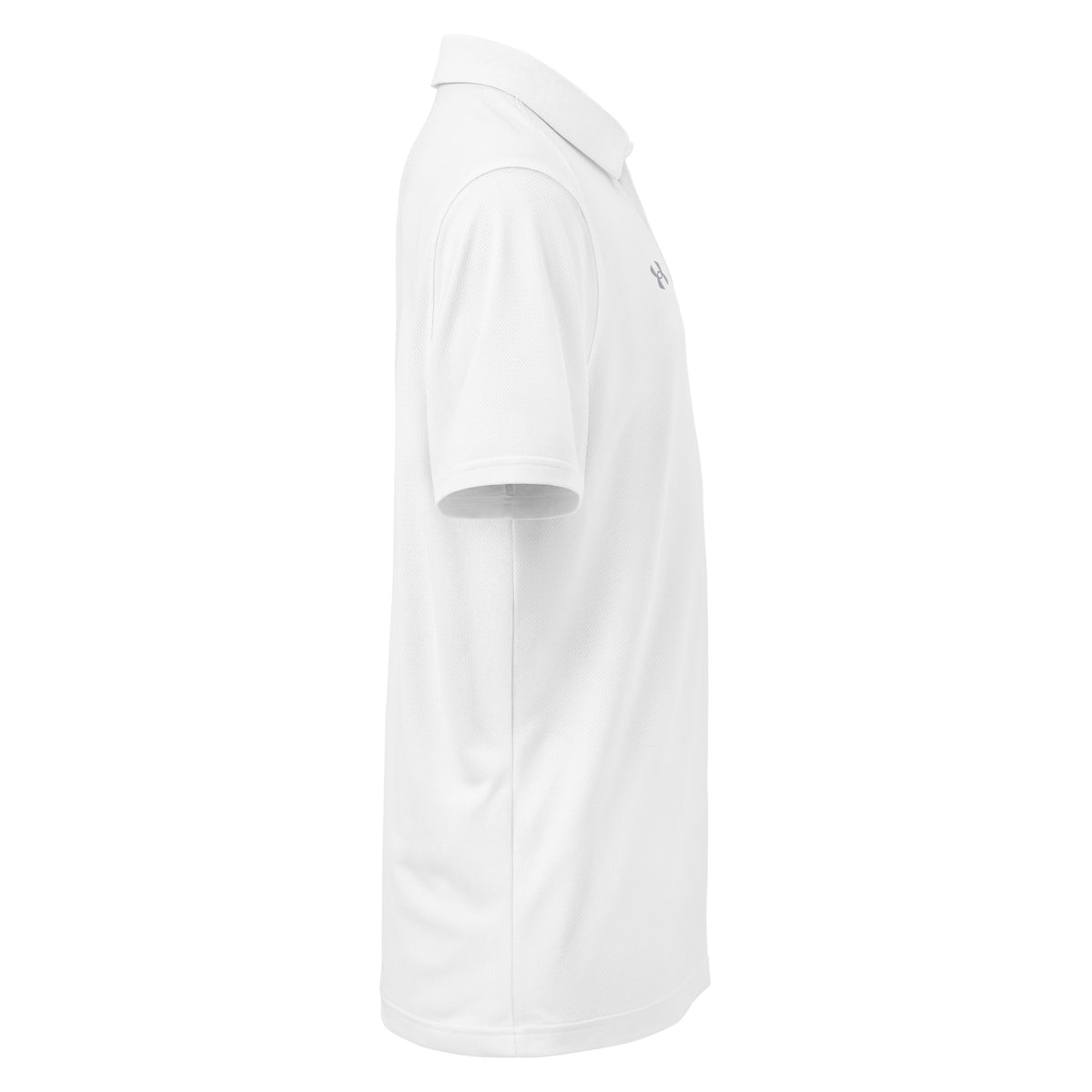 White Under Armour men's polo with Gurley's Foods logo on the sleeve, right side view